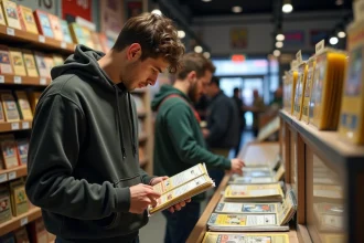 Jeune homme examine une carte Pokémon dans une boutique