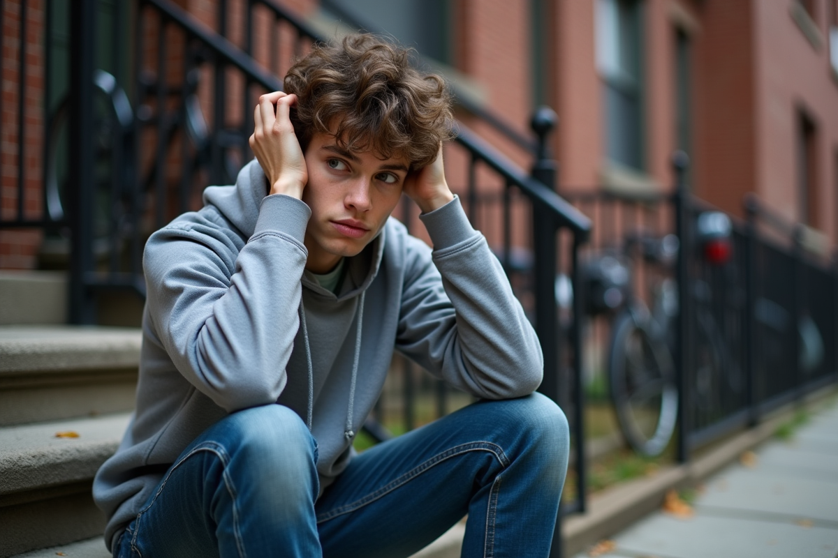 Jeune homme assis sur un escalier dans un quartier de Chicago