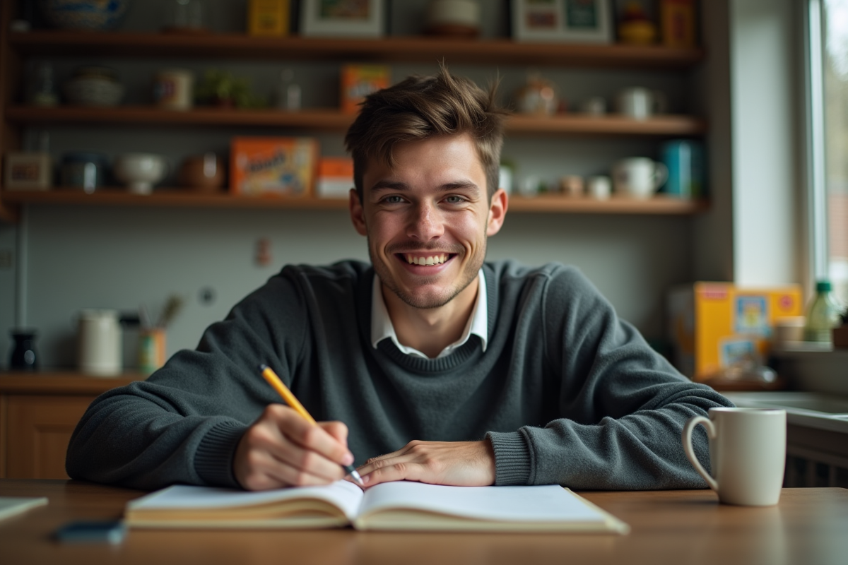 Jeune homme étudie à une table de cuisine modeste