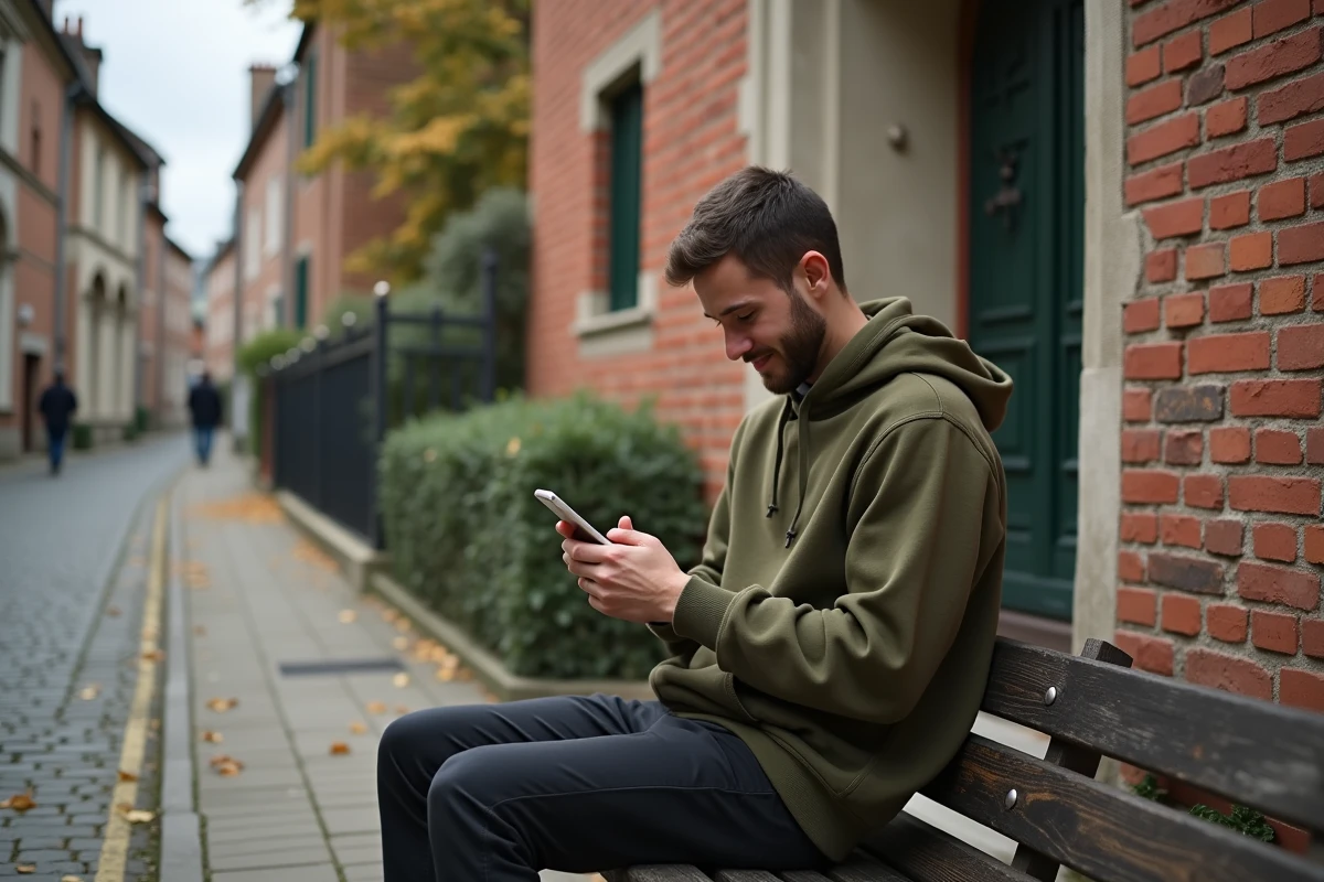 Jeune homme consultant les horaires de salat sur smartphone devant une mosquée à Douai en automne