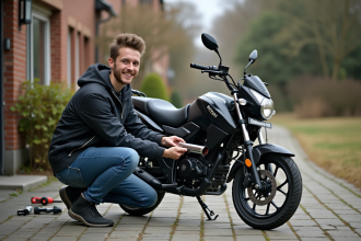 Jeune homme ajustant un accessoire d'échappement sur une moto 50cc