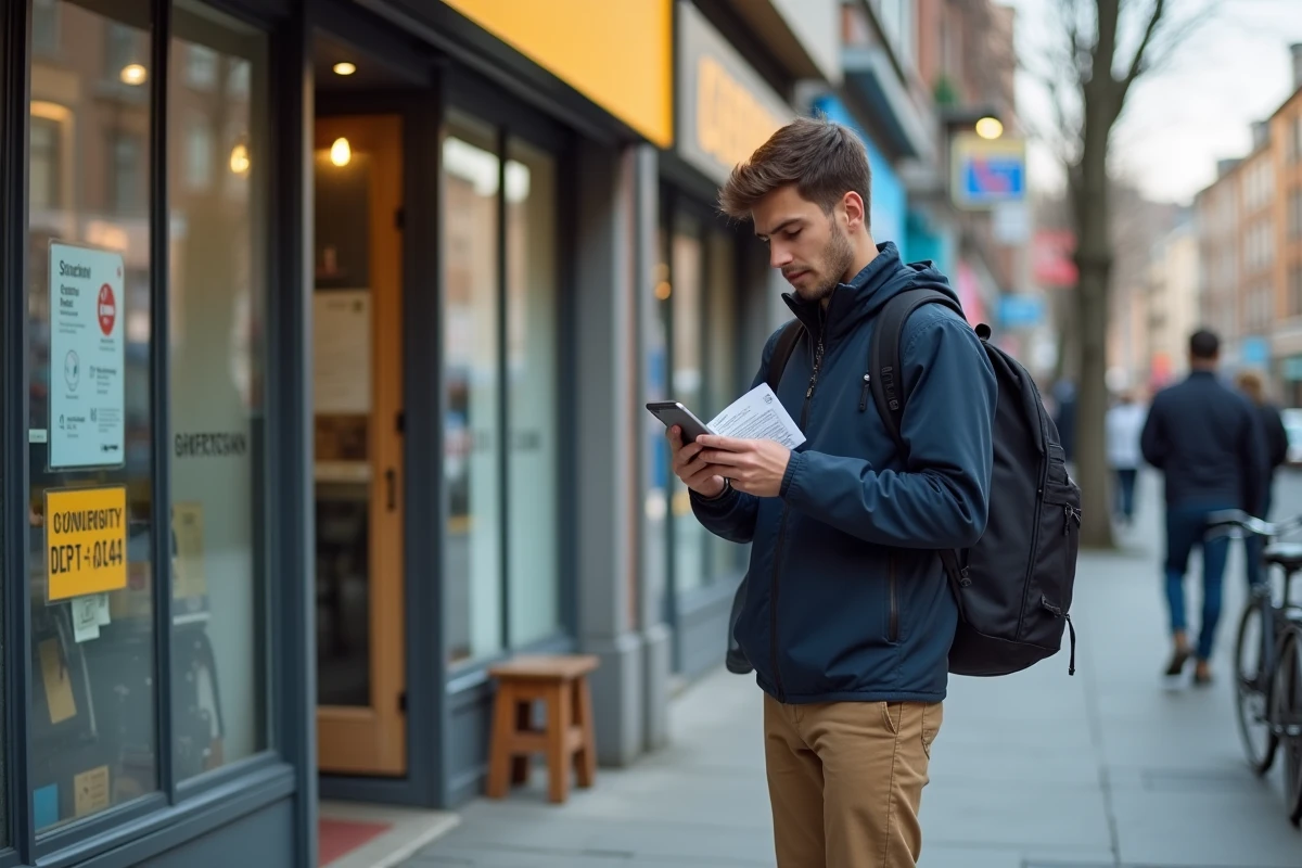 Jeune homme vérifiant son téléphone devant un relais colis