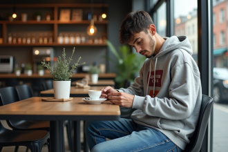 Jeune homme en streetwear dans un café moderne