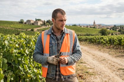 Jeune homme dans les vignes près de Béziers avec sécateurs