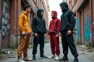 Quatre jeunes athlètes en ninja urbain dans une ruelle