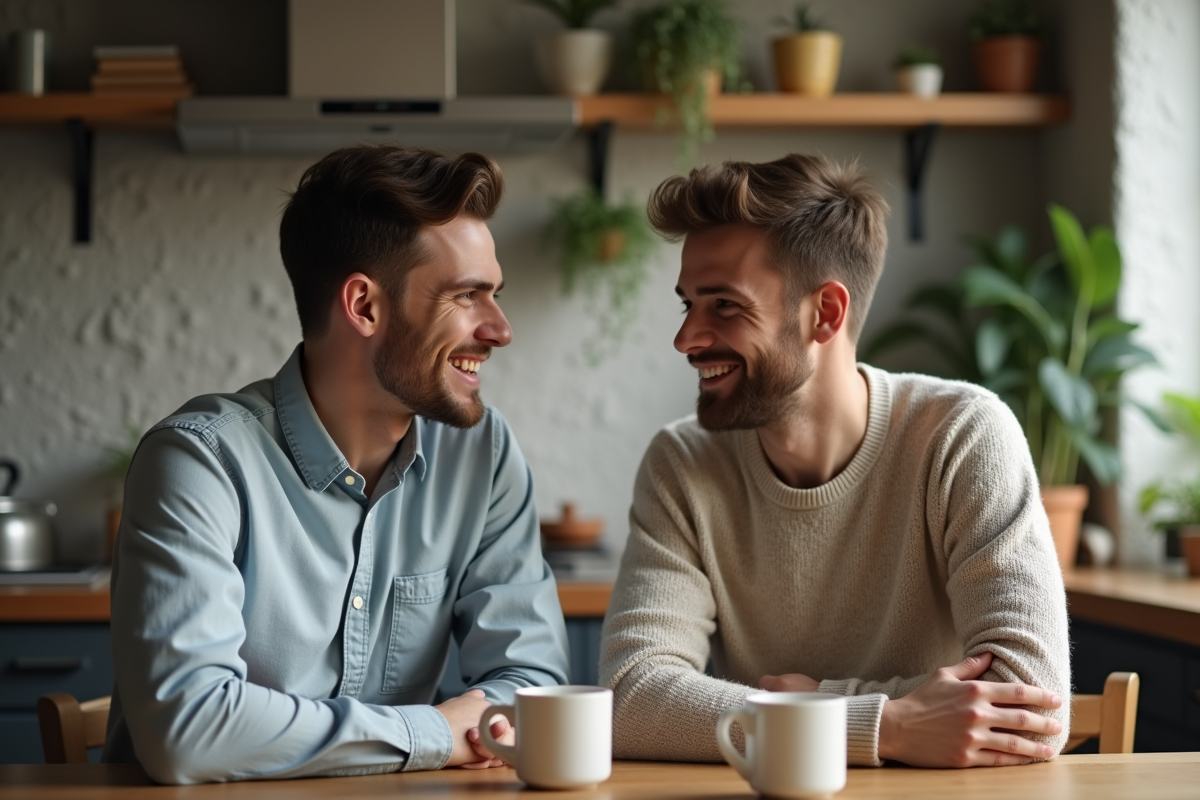 Deux jeunes hommes discutant à une table de cuisine chaleureuse