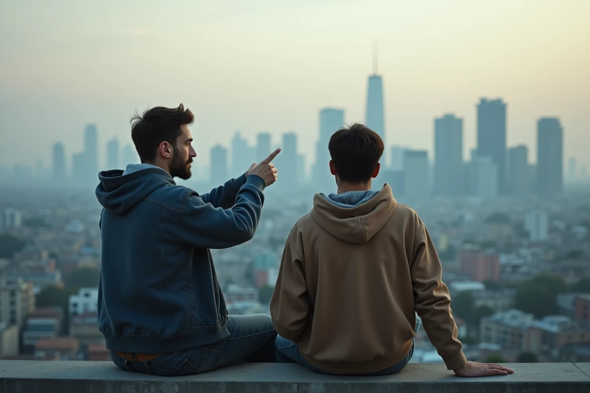 Deux jeunes hommes contemplant un horizon urbain depuis un toit, évoquant la frontière mystérieuse de Tengoku Daimakyou