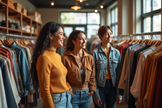 Jeunes souriants dans une boutique de vêtements d'occasion