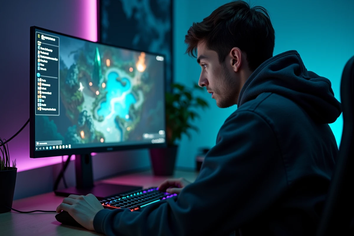 Joueur concentré sur une interface de donjon Mythique+ dans une salle de jeu moderne