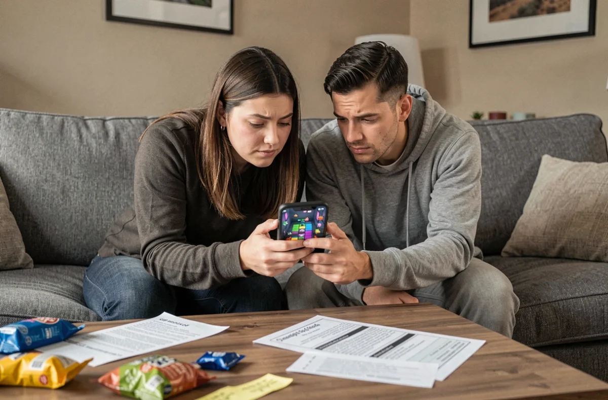 Deux joueurs consultant un guide de solution pour Room and Exit sur smartphone dans un salon