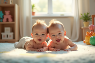 Jumeaux conjoins allongés sur un tapis dans une nurserie lumineuse