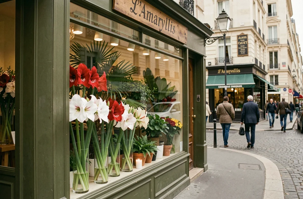 Devanture de la boutique L'Amaryllis avec une vitrine élégante ornée d'amaryllis rouges et blanches dans des vases en verre