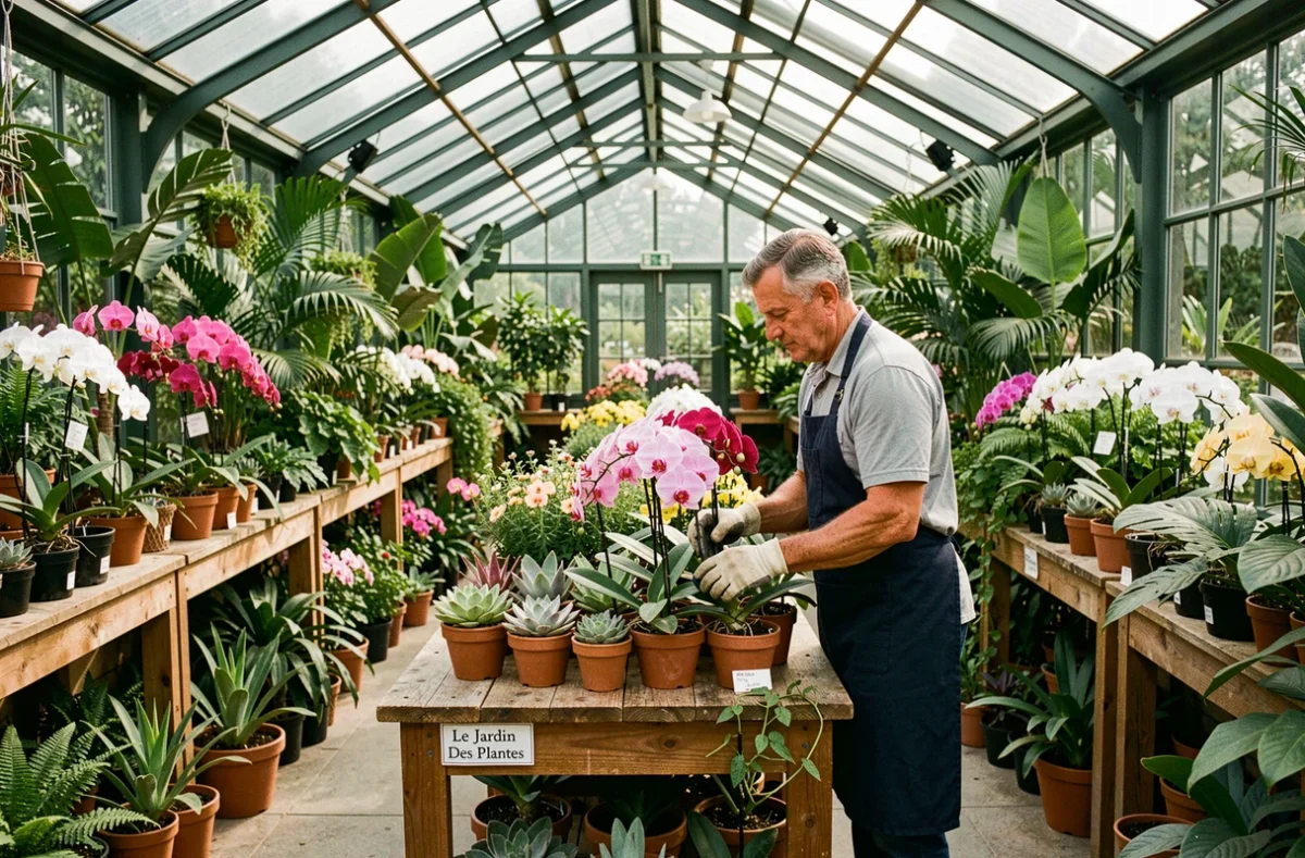 Serre verdoyante du Jardin Des Plantes avec des tables garnies d'orchidées, de succulentes et de plantes tropicales, et un jardinier en tablier bleu marine