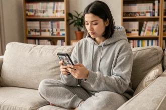 Jeune femme lisant un scan manga yaoi sur smartphone, installée confortablement dans son salon avec des mangas en arrière-plan