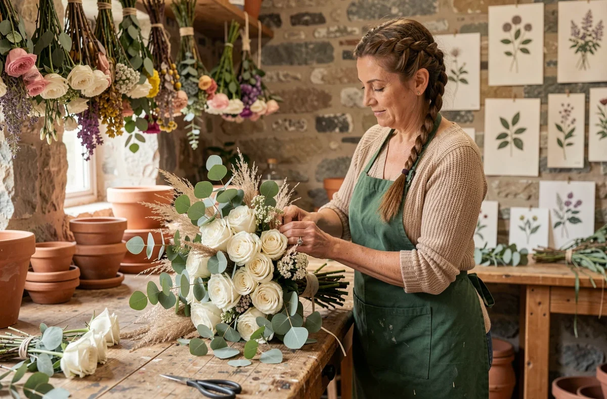 Fleuriste artisane de Lilice en train de confectionner un bouquet de mariée en roses blanches et eucalyptus dans son atelier en pierre