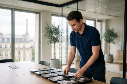 Livreur professionnel disposant des plateaux-repas sur une table de réunion dans un bureau moderne en Île-de-France