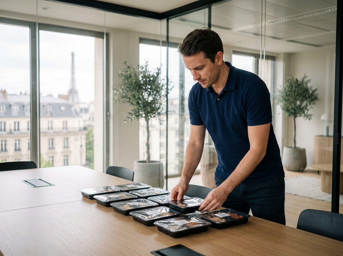 Livreur professionnel disposant des plateaux-repas sur une table de réunion dans un bureau moderne en Île-de-France