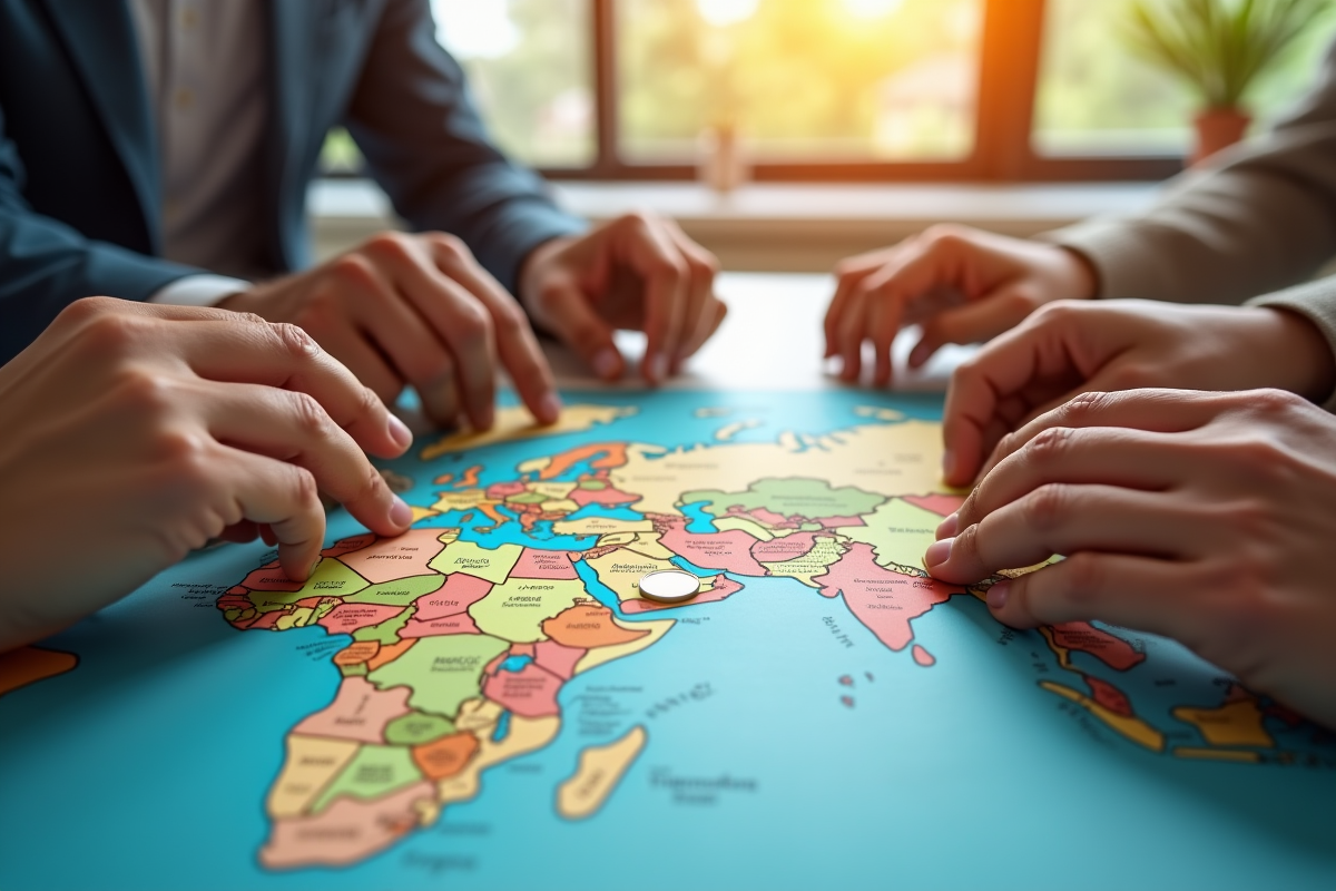Plusieurs mains déposant des pièces et billets sur une carte du monde