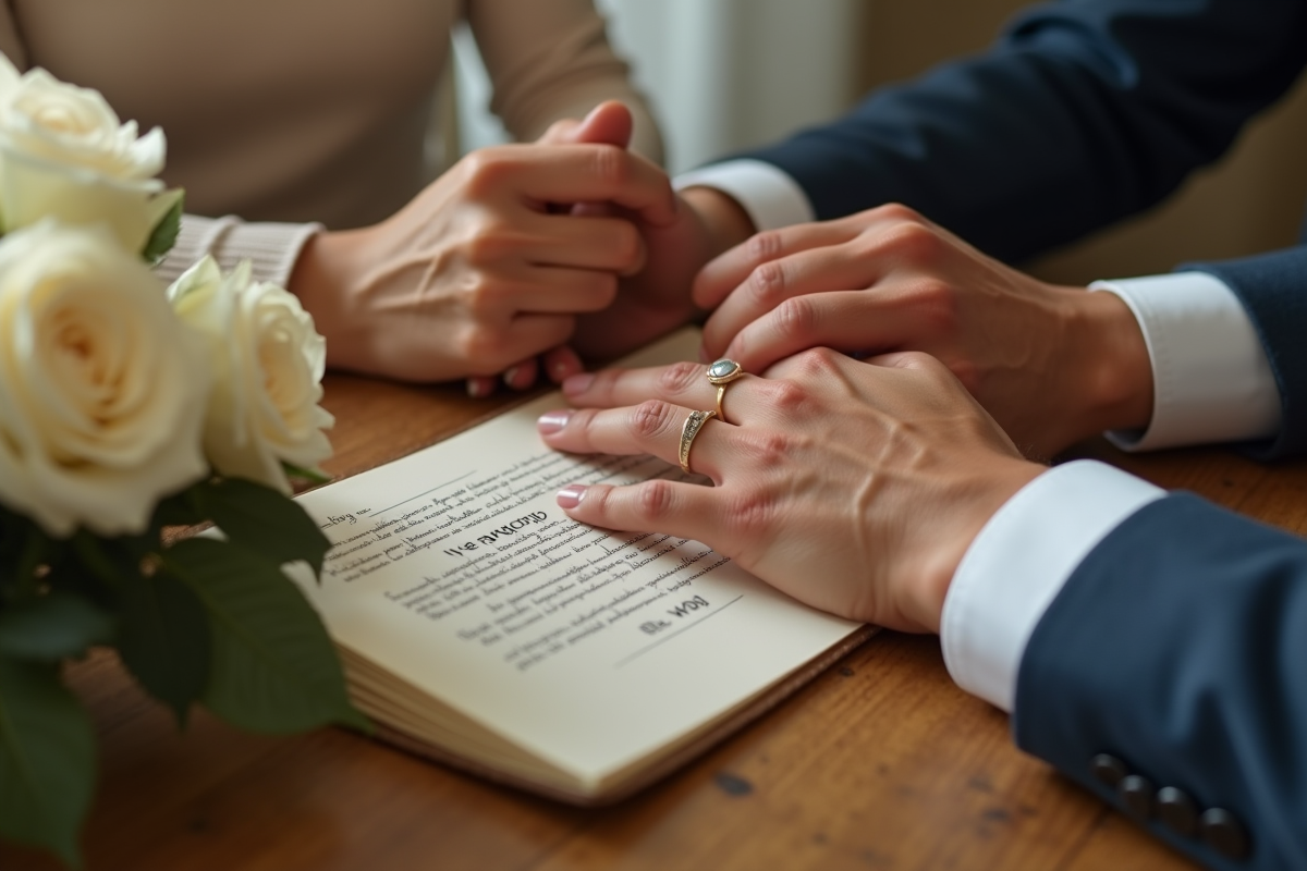 Mains entrelacees tenant une note d engagement avec alliances visibles