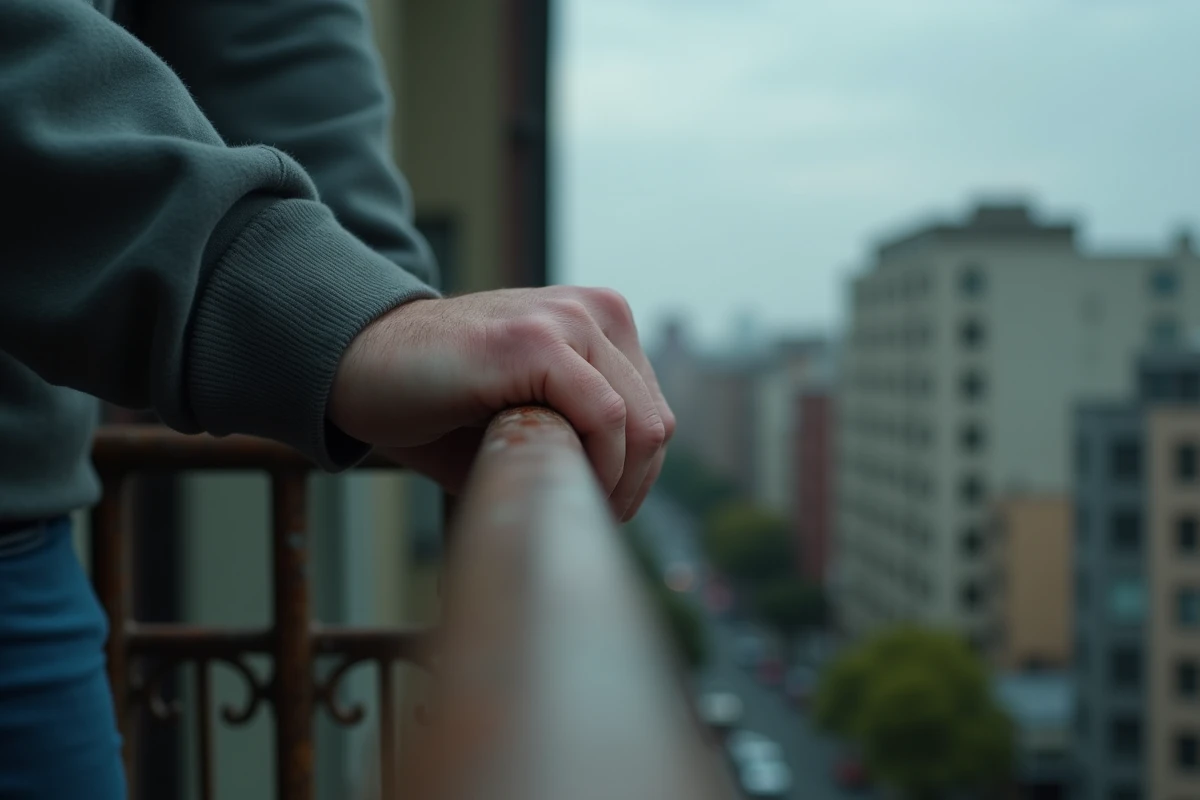 Mains agrippées à une rambarde d'escalier de secours urbain, tension visuelle inspirée de A House of Dynamite Netflix