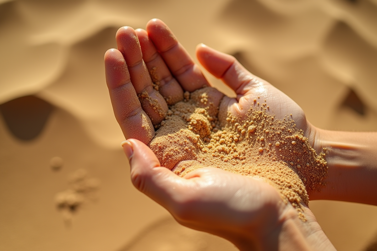 Main ouverte attrapant un flux de sable sous la lumière naturelle