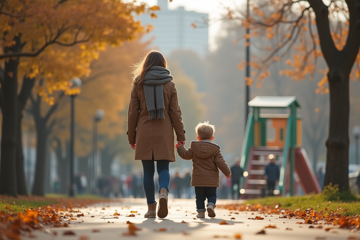 Mère et enfant se promenant dans un parc en automne