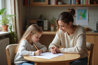 Femme aidant sa fille avec ses devoirs dans la cuisine chaleureuse