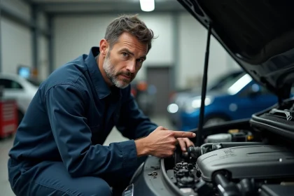 Mécanicien automobile pointant l'étiquette de cylindrée d'un moteur dans un garage professionnel