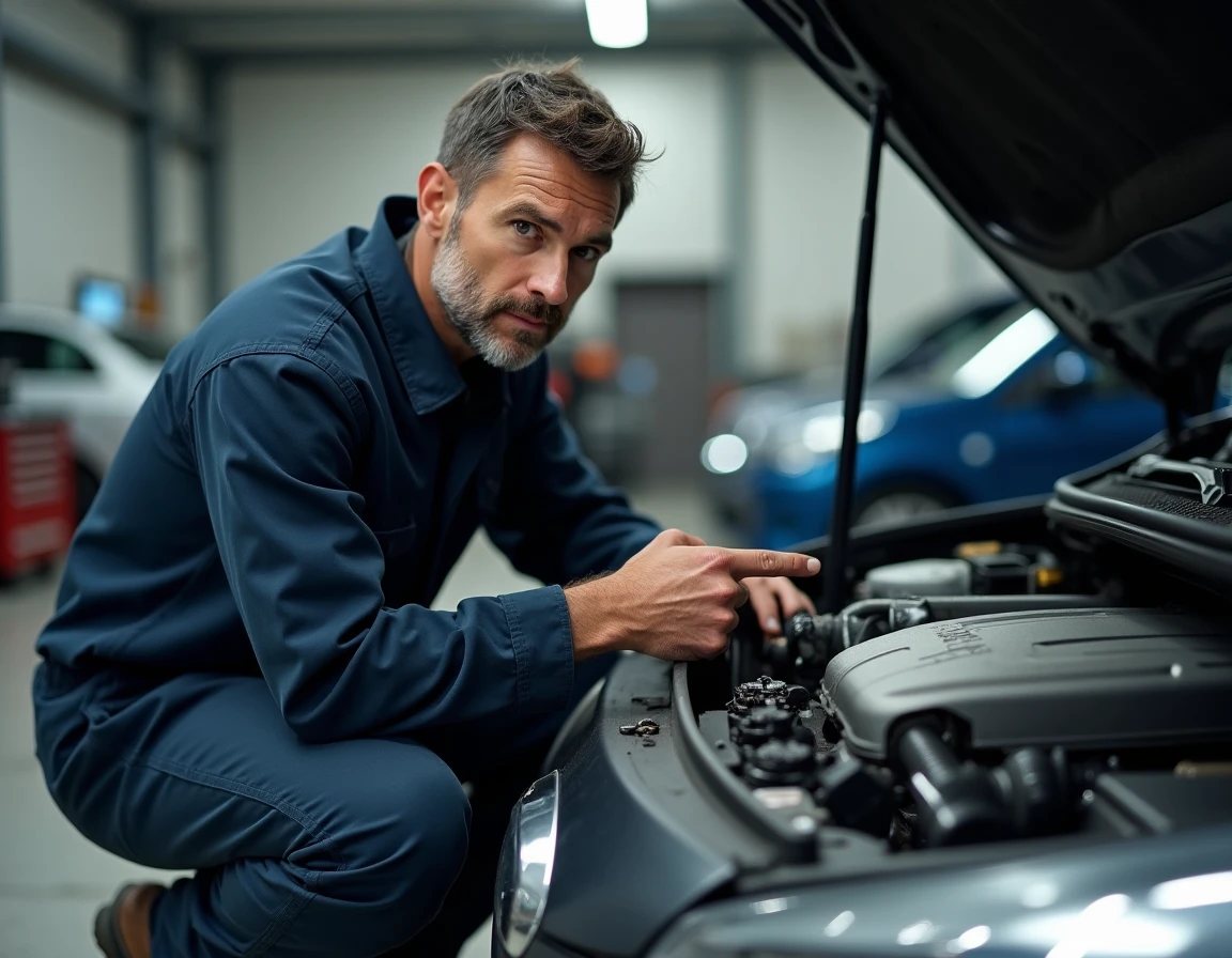 Mécanicien automobile pointant l'étiquette de cylindrée d'un moteur dans un garage professionnel