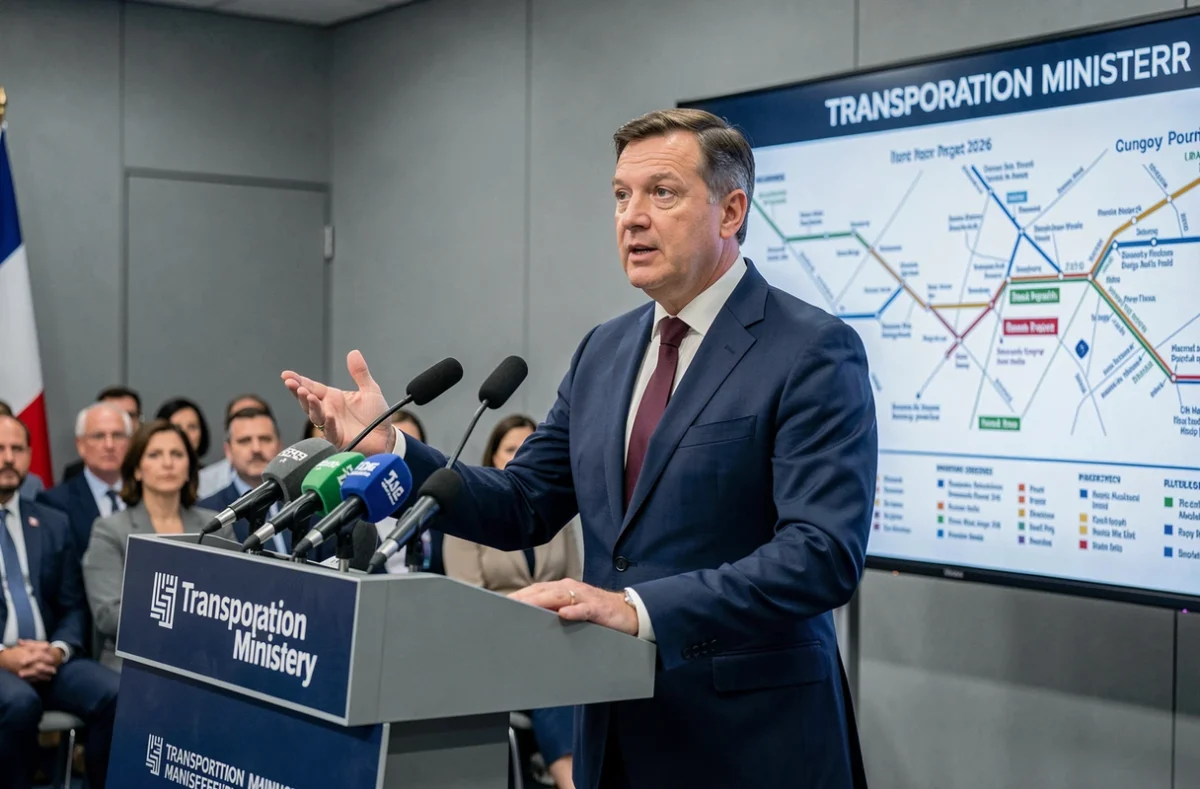 Ministre des Transports français prenant la parole lors d'une conférence de presse sur les promesses de transports du quotidien en 2026