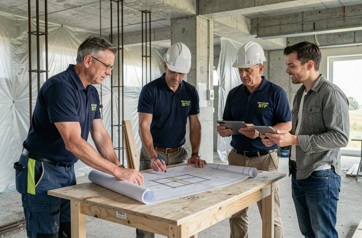 Électricien de Mon Cercle BTP Électricité participant à une réunion de chantier sur un bâtiment en construction en Seine-et-Marne, consultant des plans électriques avec un entrepreneur général et un chef de projet