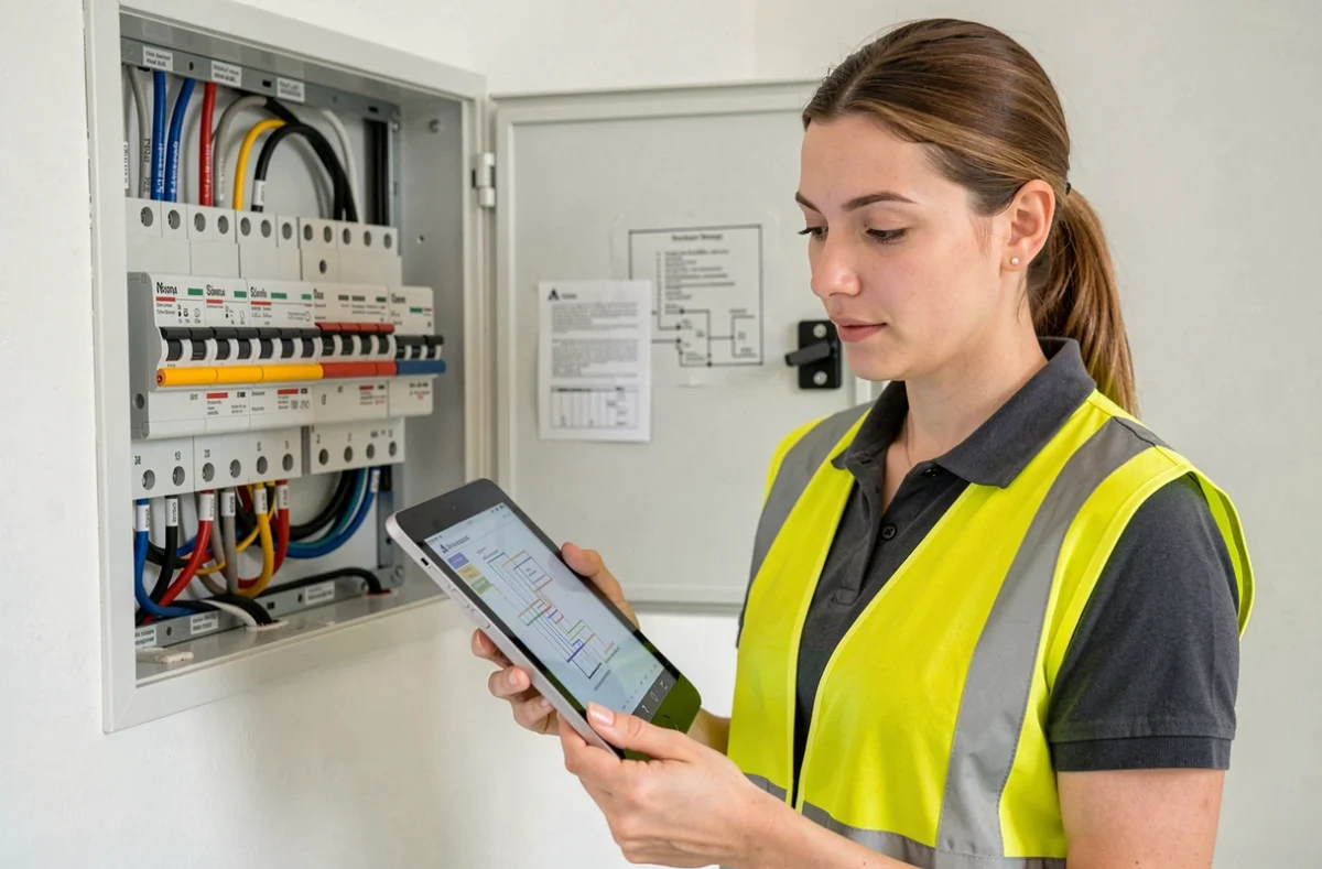 Électricienne de Monforte'lec inspectant un tableau de distribution moderne dans une maison neuve en Seine-et-Marne avec une tablette de diagnostic