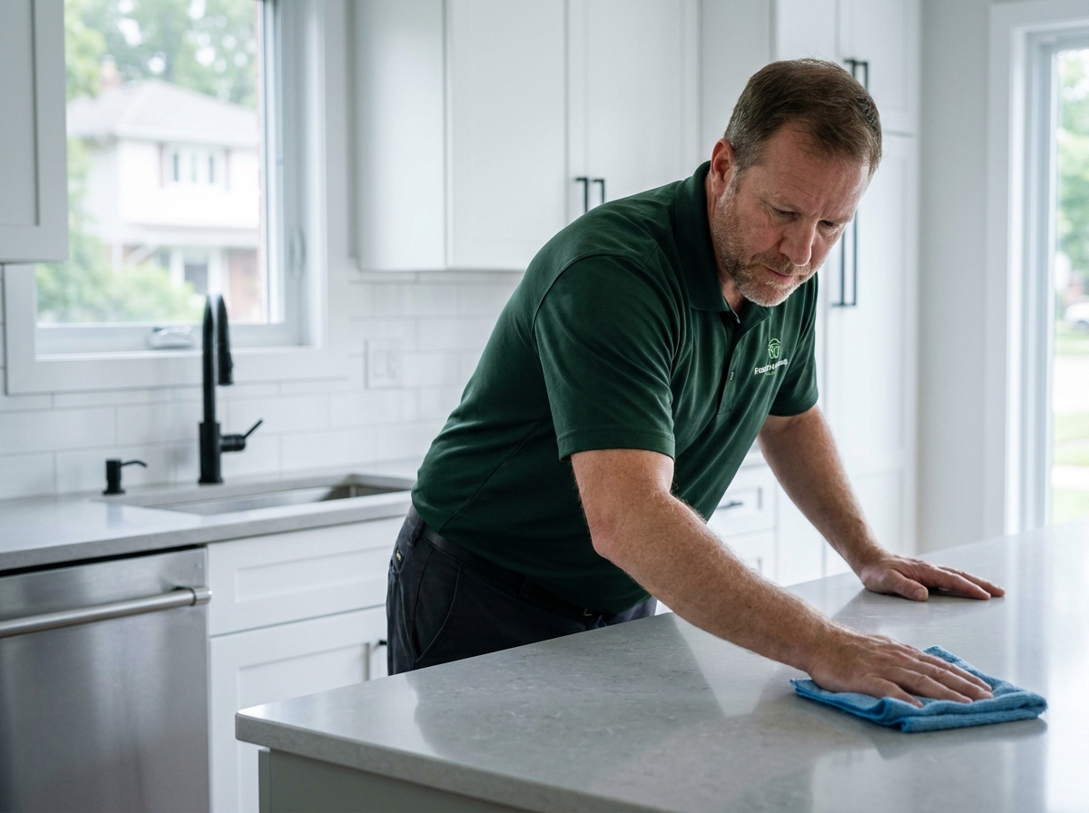 Agent d'entretien professionnel nettoyant le plan de travail d'une cuisine moderne dans un domicile en Val d'Europe