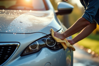 Personne nettoyant une Peugeot 508 SW brillante avec chiffon microfibre