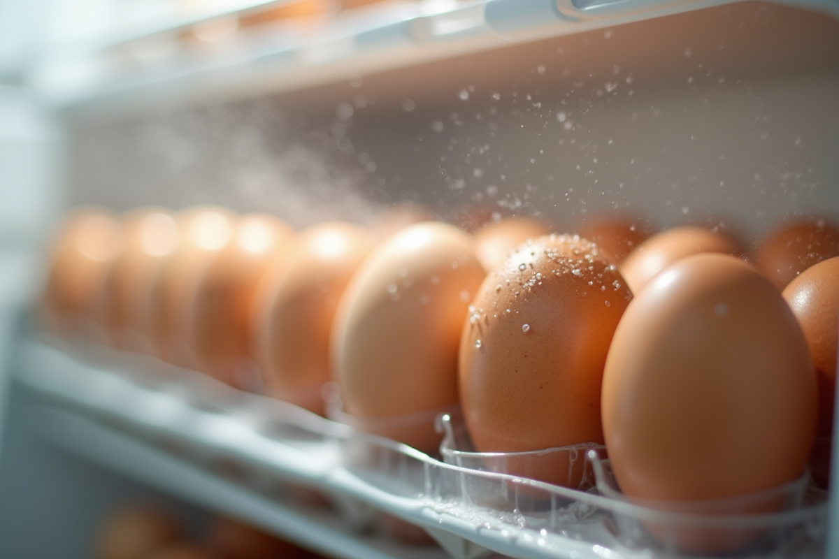 Œufs stockés dans un réfrigérateur avec brume et condensation