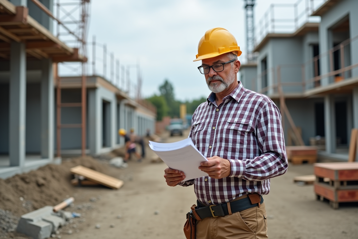 Ouvrier en chantier lisant un manuel de formation