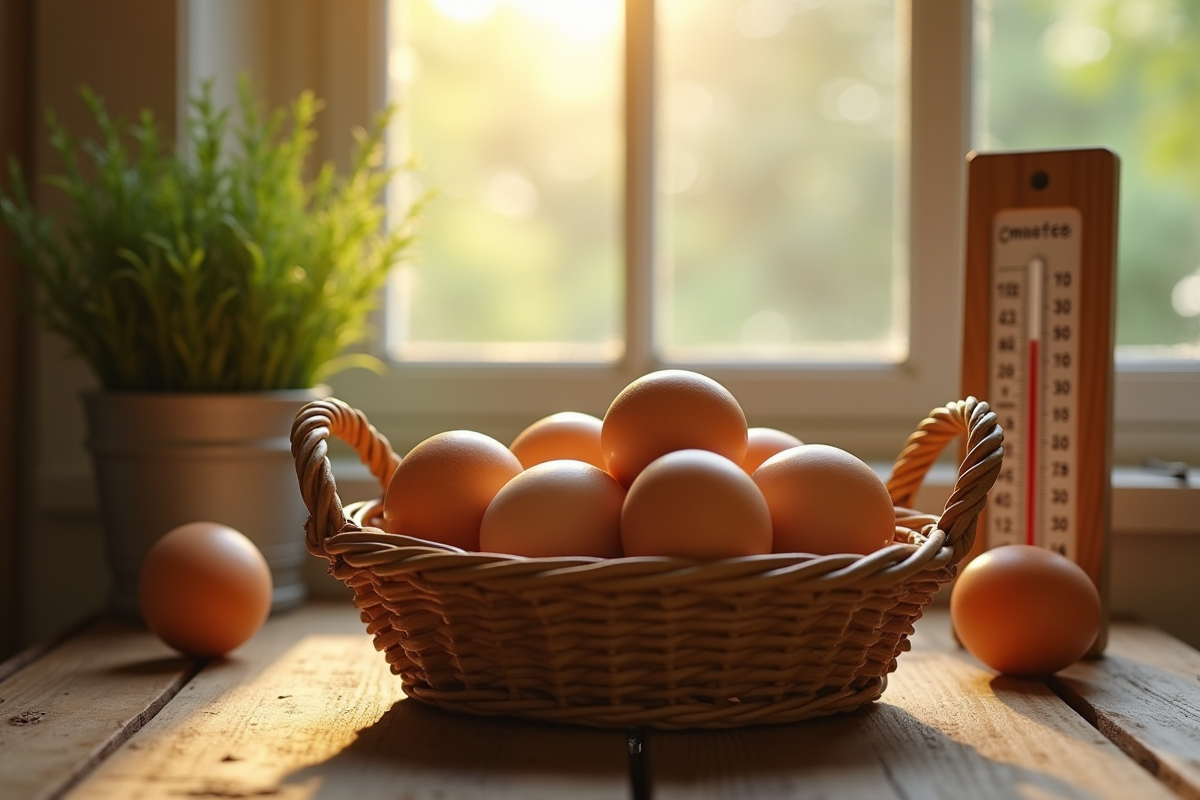 Œufs frais dans un panier en osier sur une table en bois au matin