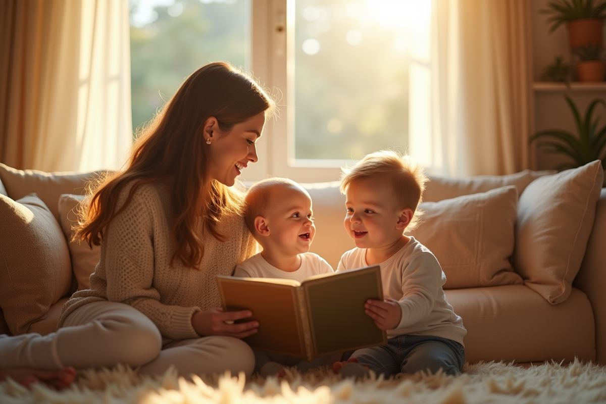 Parent lisant une histoire aux jumeaux dans un salon lumineux