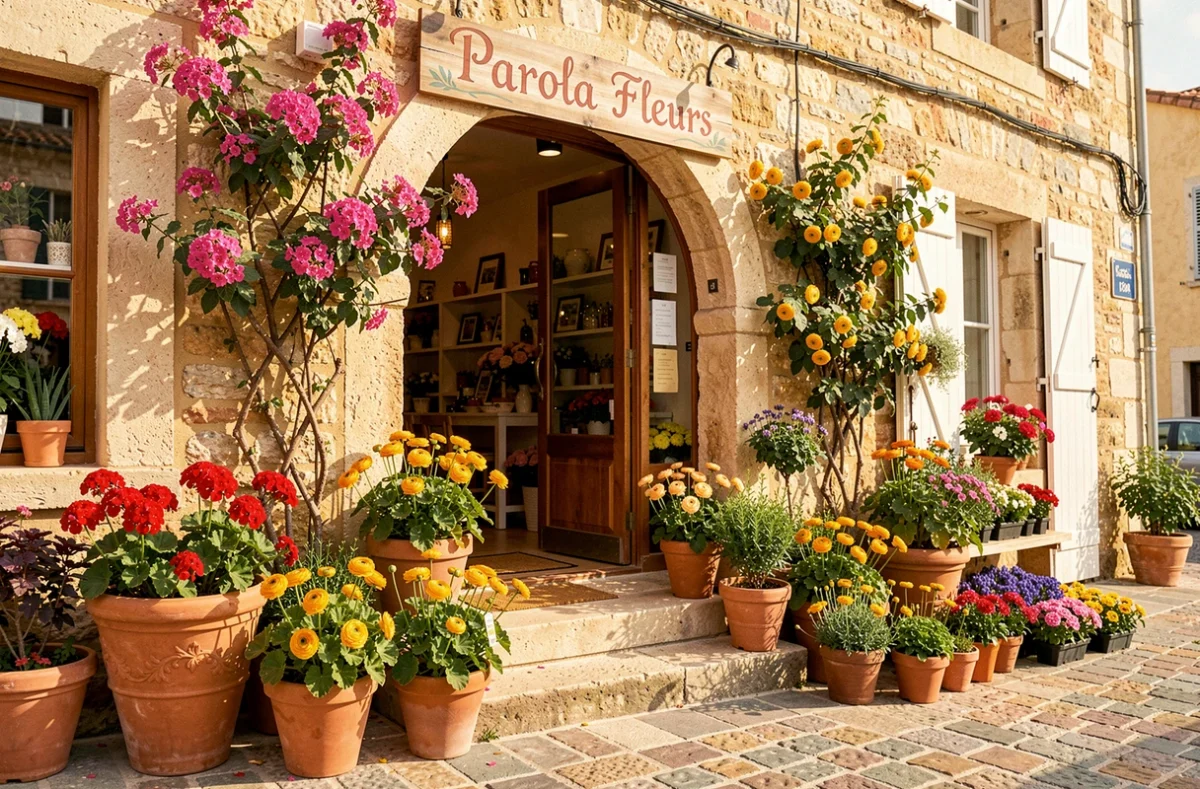 Entrée de la boutique Parola Fleurs avec des géraniums en pots, des bouquets de renoncules orangées et une enseigne peinte au-dessus d'une porte en arc
