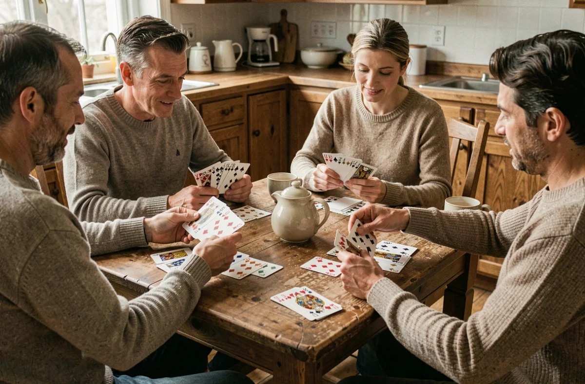 Quatre joueurs adultes autour d'une table en bois jouant une partie de belote coinchée avec des cartes à jouer