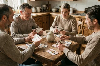 Quatre joueurs adultes autour d'une table en bois jouant une partie de belote coinchée avec des cartes à jouer