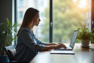 Personne travaillant sur un webmail sur un ordinateur portable lumineux