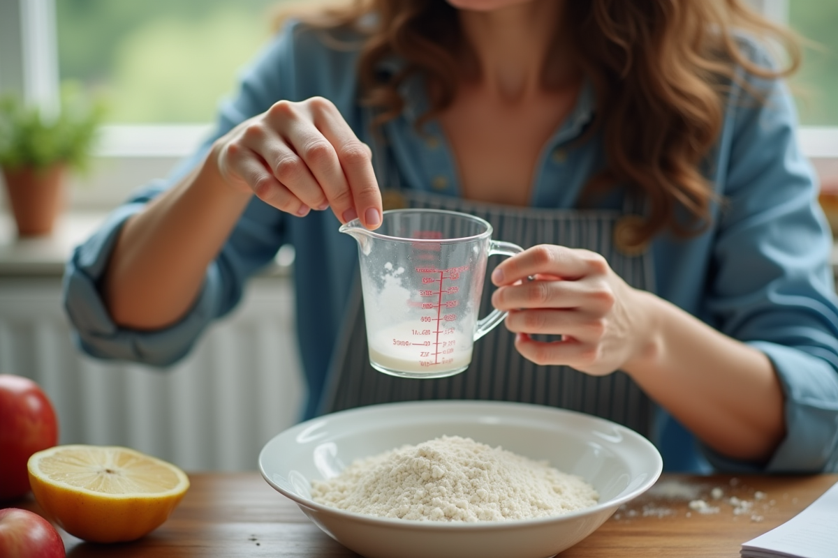 Personne confuse tenant un verre mesureur et un bol de farine dans la cuisine