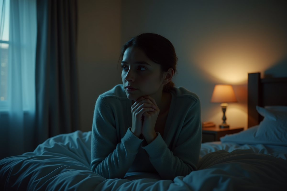 Personne assise au lit à 4h44 face à la fenêtre ouverte