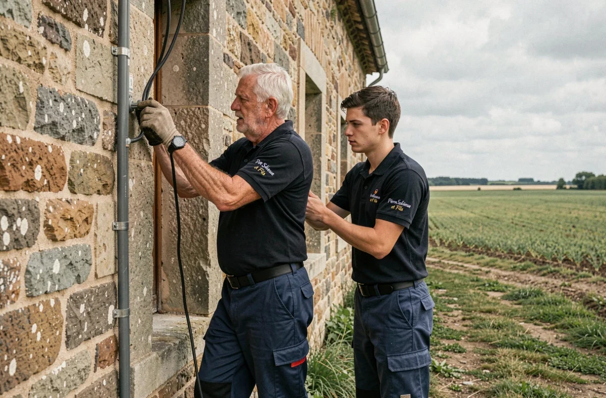 Deux électriciens de Pierre Soliveau et Fils, père et fils, installant des conduits électriques sur la façade en pierre d'une maison rurale typique de la Brie en Seine-et-Marne