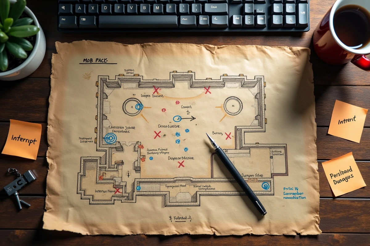 Plan de donjon Mythique+ annoté à la main avec routes et marqueurs d'affixes sur un bureau