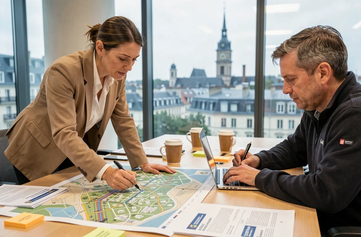 Urbaniste et ingénieur des transports analysant une carte d'extension du réseau de métro lors d'une réunion de planification des infrastructures 2026