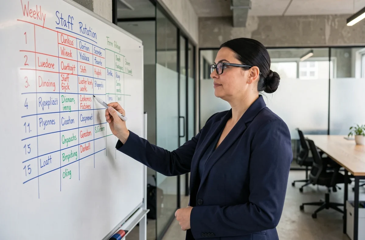 Responsable RH présentant un planning de rotation du personnel sur un tableau blanc dans un bureau moderne