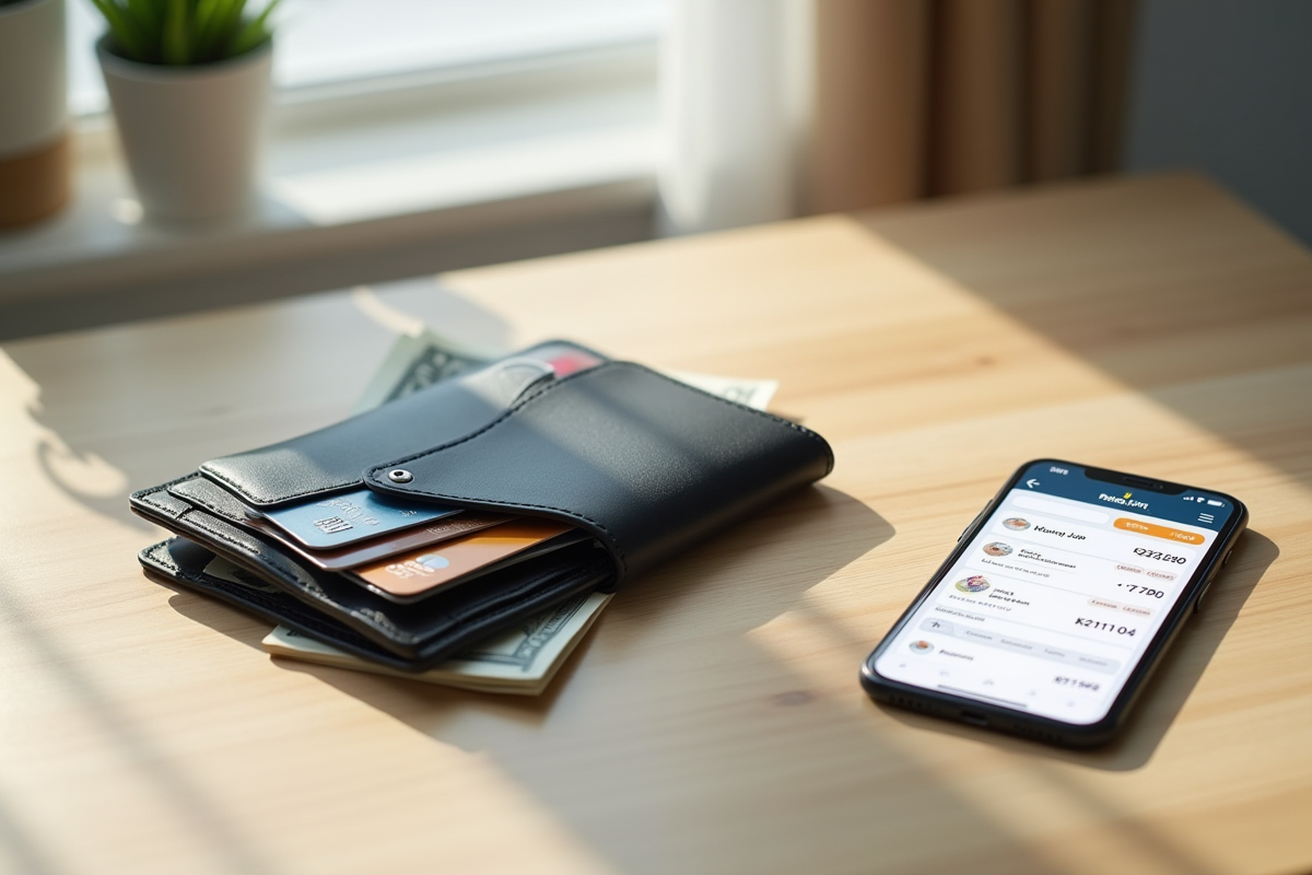 Portefeuille organisé avec smartphone et argent