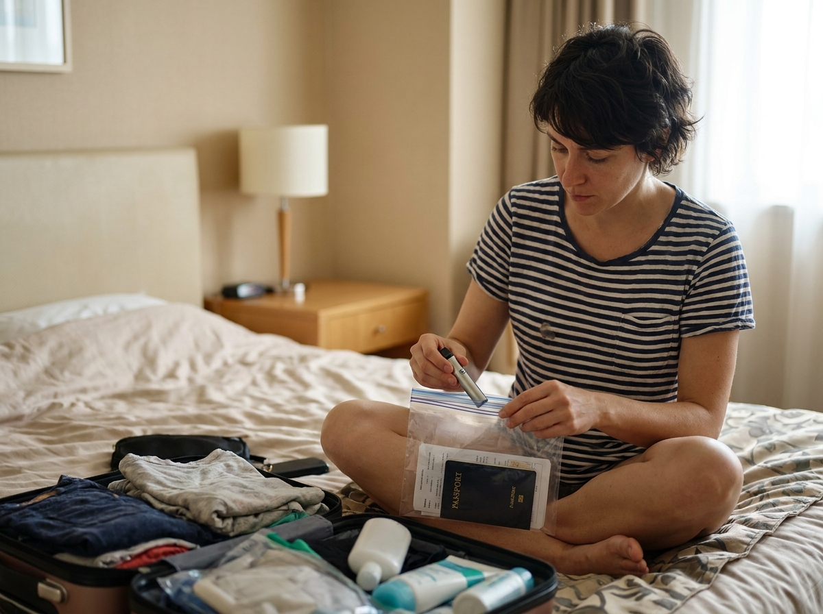 Femme préparant sa valise avant de partir en vacances en rangeant une puff dans une pochette de voyage